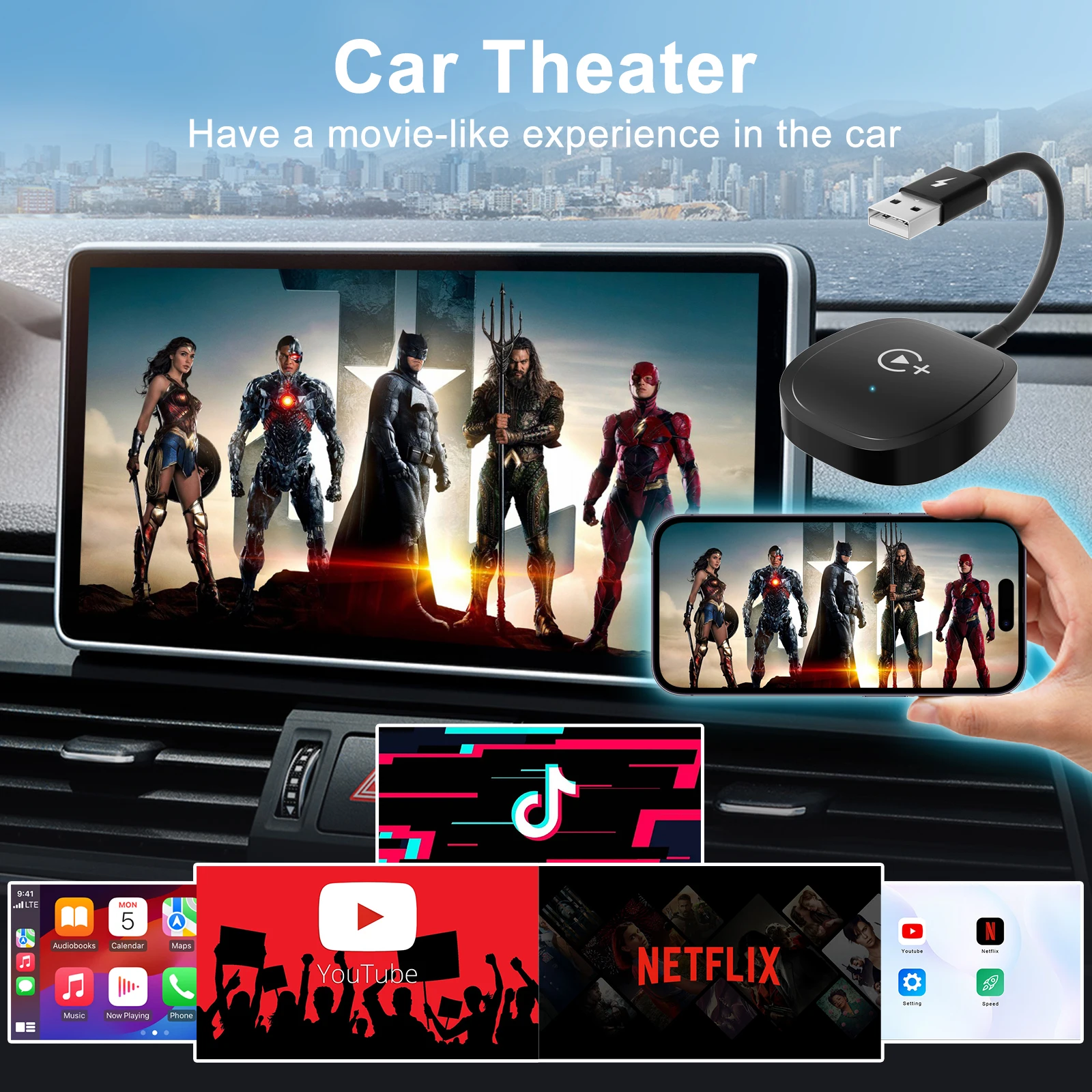 ствуйте беспроводной адаптер Carplay wideo z Netflix/YouTube/TikTok do bezprzewodowych samochodów CarPlay OEM