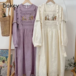 Vintage Floral Embroidery Short Sleeve Dress Women Japanese Mori Girl Spring Sweet O-Neck Cotton Linen Dress vestidos para mujer