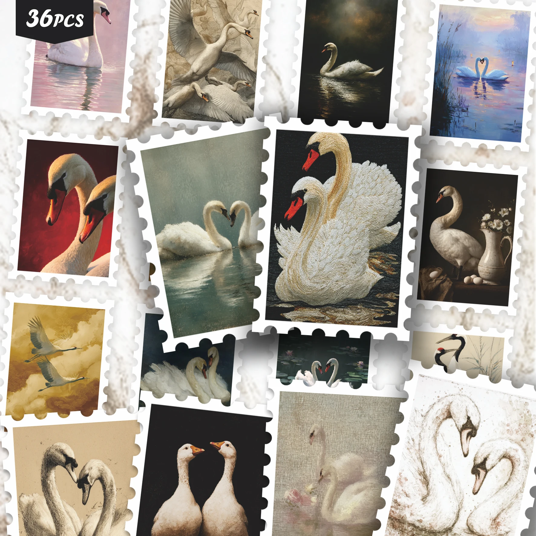 36PCS Romantic Swan Stickers for laptops, Vintage Art & Water Scene Prints, Perfect for Scrapbooking & Notebook Decoration