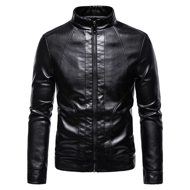 

Brand clothing Male Slim Fit Faux Leather Biker Jackets Fashion Autumn PU Leather Jacket Black Mens Stand Collar Coats Size 4XL