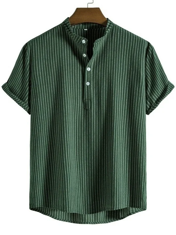 

Summer Casual Striped Button Standup Collar ort Sve irt Loose Fit Youth Faion Cuffed Sve Mens irt