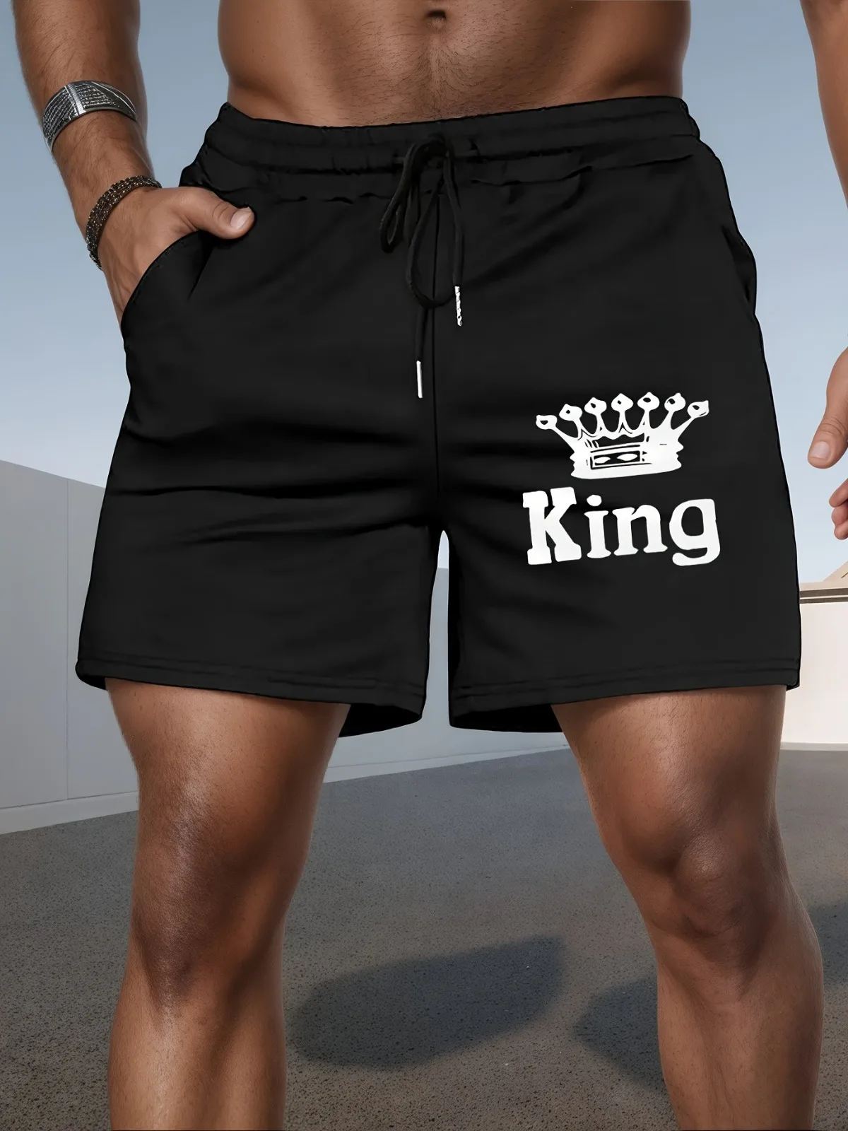 Short de sport décontracté noir tendance pour hommes, avec motif imprimé, adapté à la salle de sport, à la course, à pied, à l'entraînement, équipement d'été