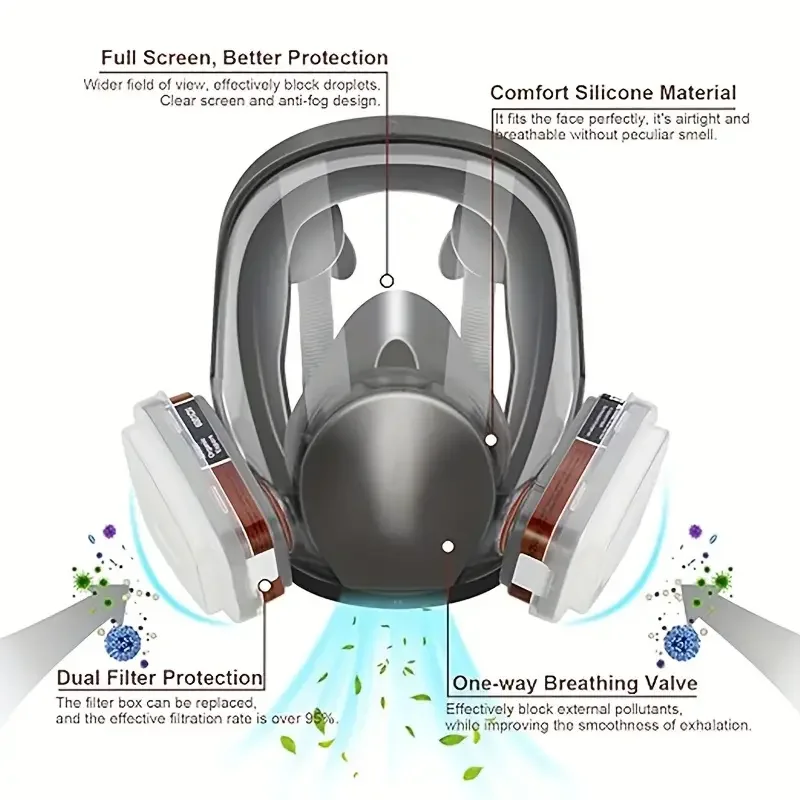 6800 Full Protective Mask - Reusable industrial paint and spray with anti-fog protection, formaldehyde filtration and safe work