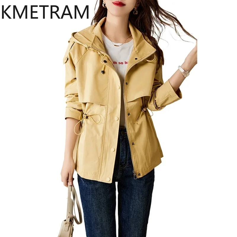 KMETRAM Fashion Cotton Trench Coats High Quality New in Outerwears Hooded Short Jacket Fall Clothes 2024 Women Ветровка Женская