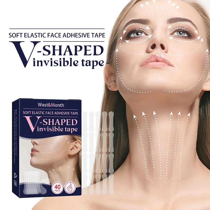 Pegatinas invisibles transpirables para la cara, cinta adhesiva de estiramiento de la barbilla, impermeable, línea Facial en forma de V, flacidez de arrugas, 40 piezas