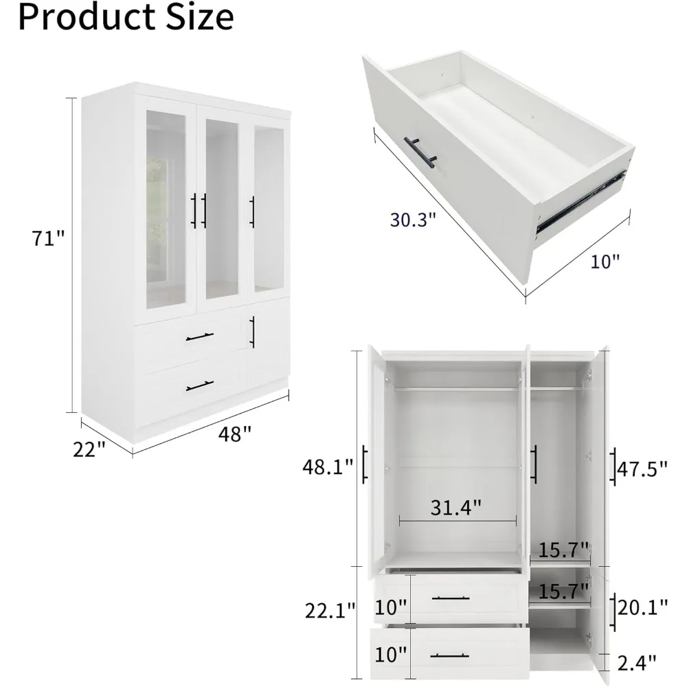 Armario Armario: elegantes armarios de dormitorio con espejos, gabinete con cajones y barra para colgar, armarios de madera de calidad