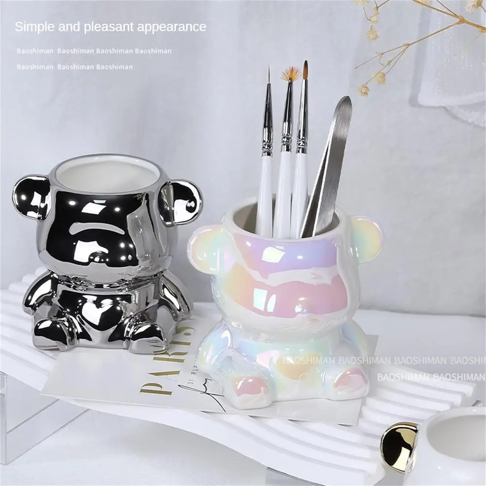 Desktop Organization Platinum Multiple Uses Cute Bear Dustproof And Moistureproof Beautiful And Fashionable Pen Holder Silver