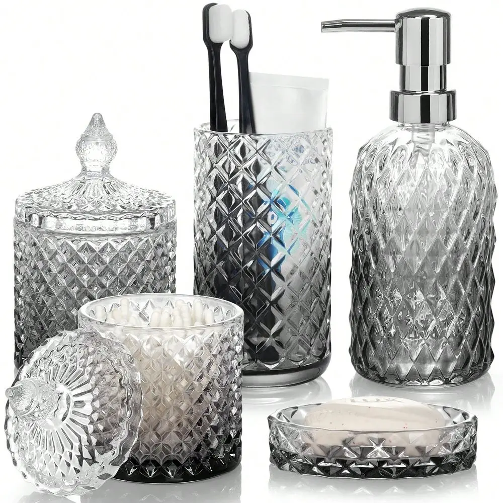 

Accessories Set, 5Pcs Bathroom Soap Dispenser Set, Glass Bathroom Accessories With Glass Soap Dispenser, Soap Dish, Toothbrush