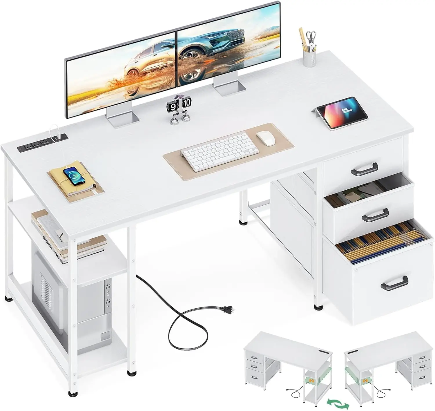 

51 Inch Computer Desk with USB Outlets & File Drawers - Reversible Home Office Desk, White
