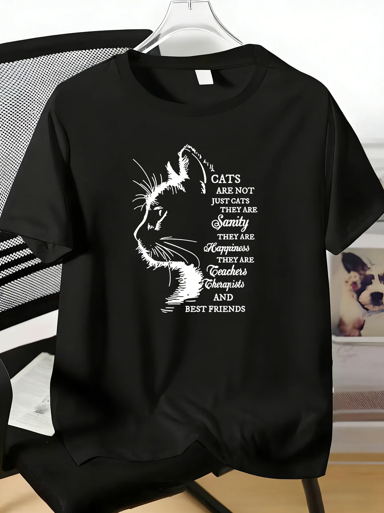Men Black Crew Neck Tee Vintage Cat Profile Inspirational Text Print Soft Short Sleeve Cat Lover Casual Daily Outdoor Male Tops