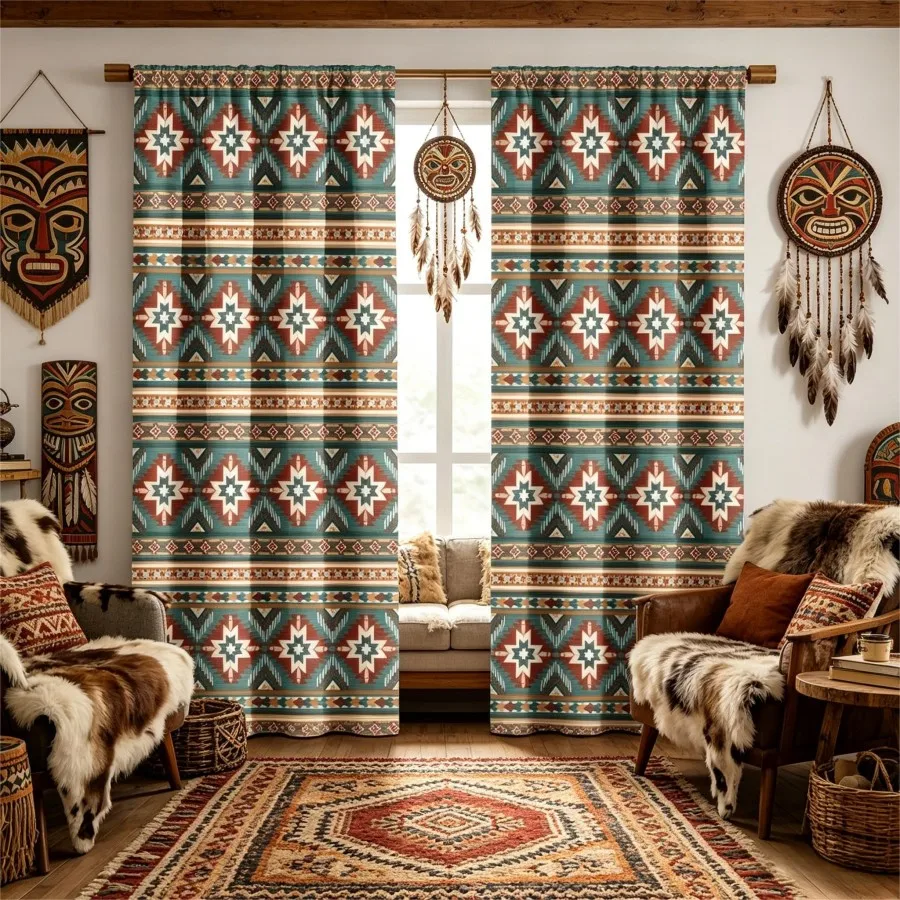 2PCS Digital Print  Curtain, Blue Green Boho Totem, Rustic Farmhouse Window Treatment Drape for Bedroom Kitchen Decor