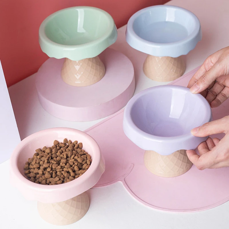 

Ice Cream Ceramic Elevated Cat Bowl Puppy Dog Food Water Bowl Protect Cervical Spine Raised Cat Feeder Drinker Pet Accessories