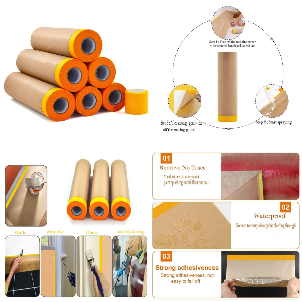

Набор предварительно наклеенной малярной бумаги и ленты для краски, 22 x 50 футов, водонепроницаемость для защиты автомобильной покраски (6 шт.)