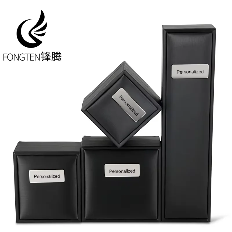 

Fongten Black Color Jewelry Box Brushed Personalized Logo Rings Pendant Necklace Bracelets Bangle Long Link Chain Gifts Box