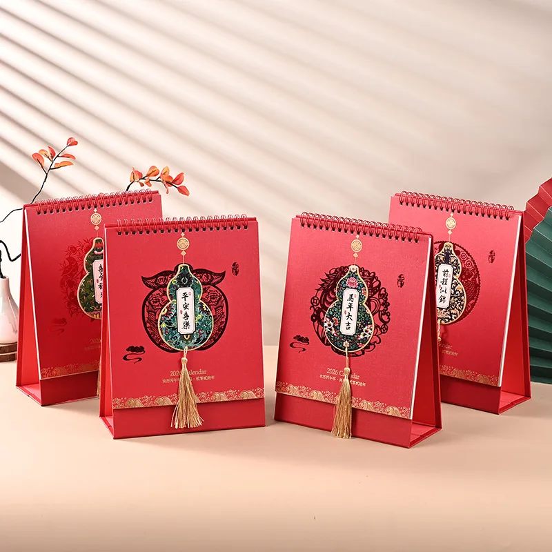 

2026 Chinese New Year Desk Calendar, Red Auspicious Gourd-Themed Desktop Calendar with Tassel, Traditional Festival Home Office