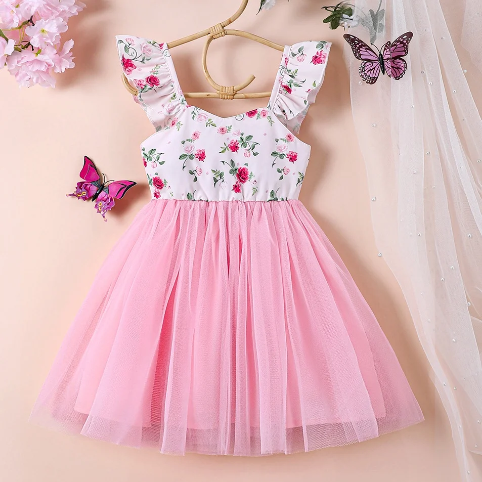 

Летнее тюлевое платье для девочек с развевающимися рукавами, детское праздничное платье принцессы, сетчатая пышная юбка для маленьких девочек, одежда для малышей 2, 3, 4, 5, 6, 7