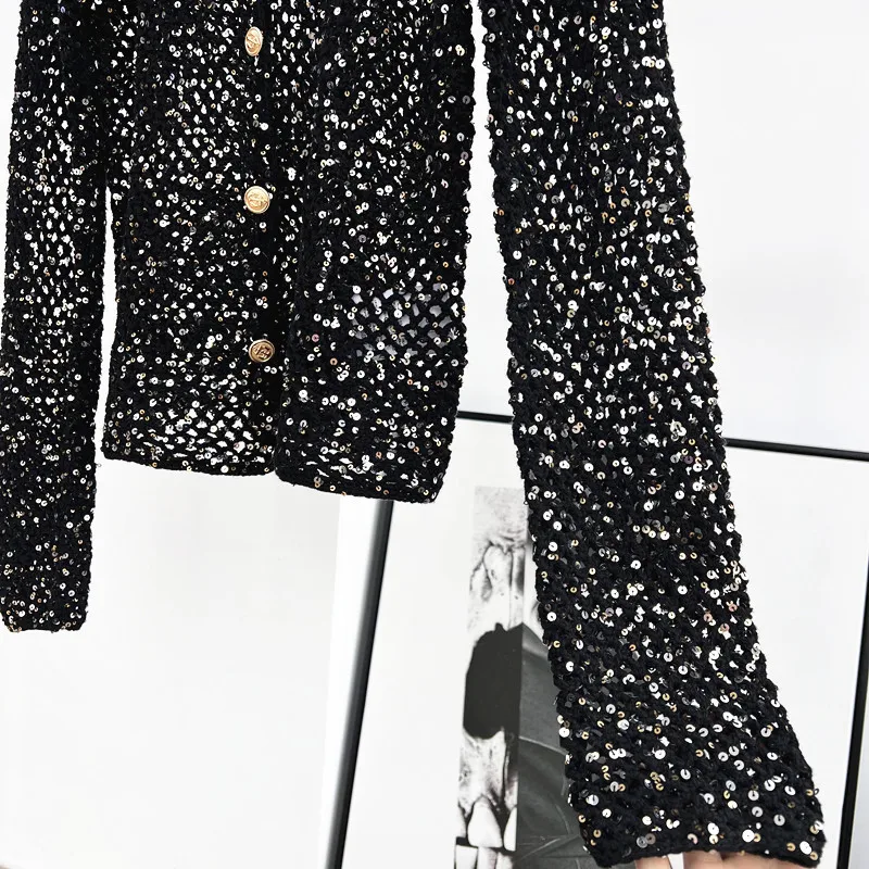 25 Cárdigan de mujer de primavera y verano con cuello en V y manga larga con cuentas de punto de seda hueca