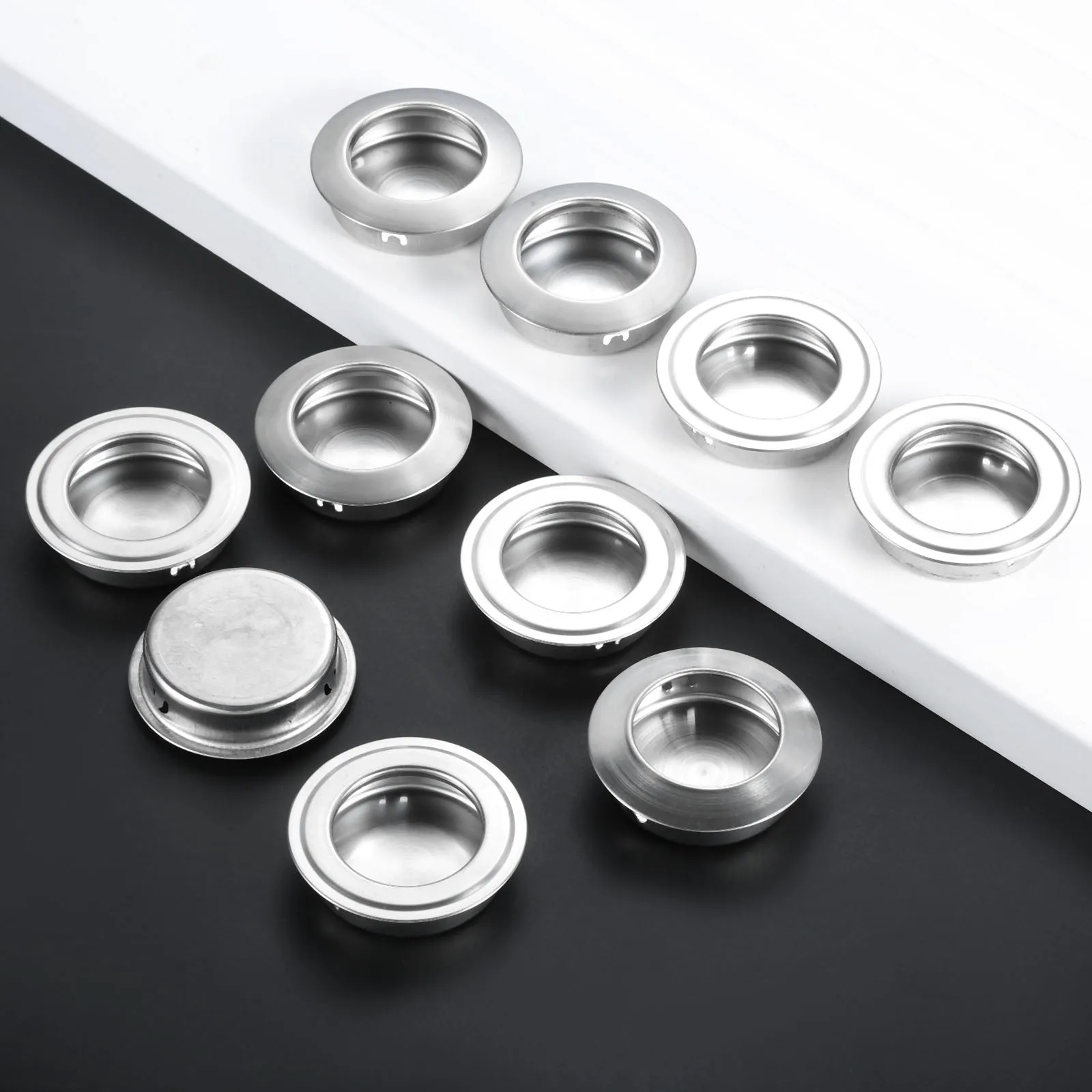 5Pcs Stainless Steel Flat/Sloped Door Handles Round Recessed Flush Pulls Finger Insert Sliding Door Drawer Handles Cabinet Pulls