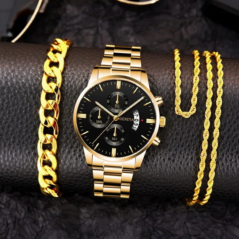 3PCS Set Fashion Mens Calendar Watches Luxury Men Business Gold Stainless Steel Quartz Watch Male Necklace Bracelet Wristwatch