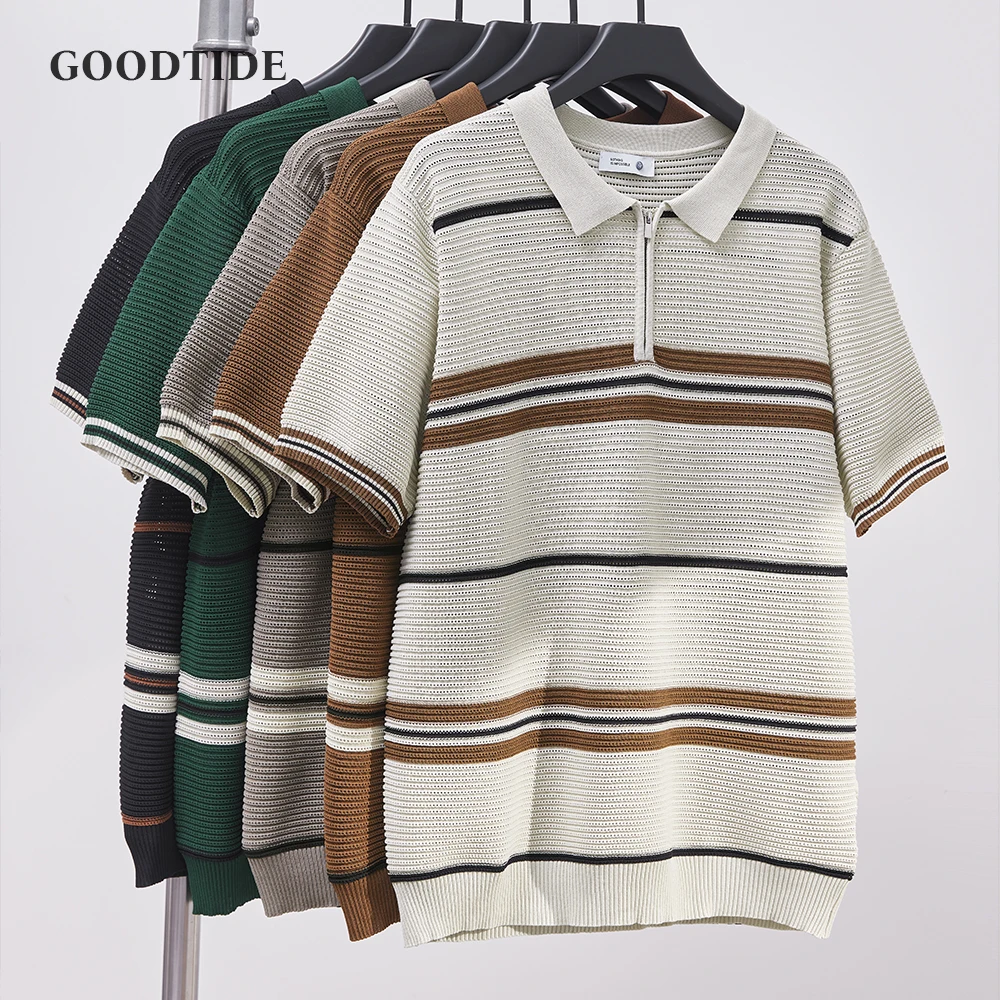 

Men's Striped Knitted Short-sleeved T-shirt Summer New Half-zip Retro Business Polo Shirt Office Commuter Top Casual Men's Polo