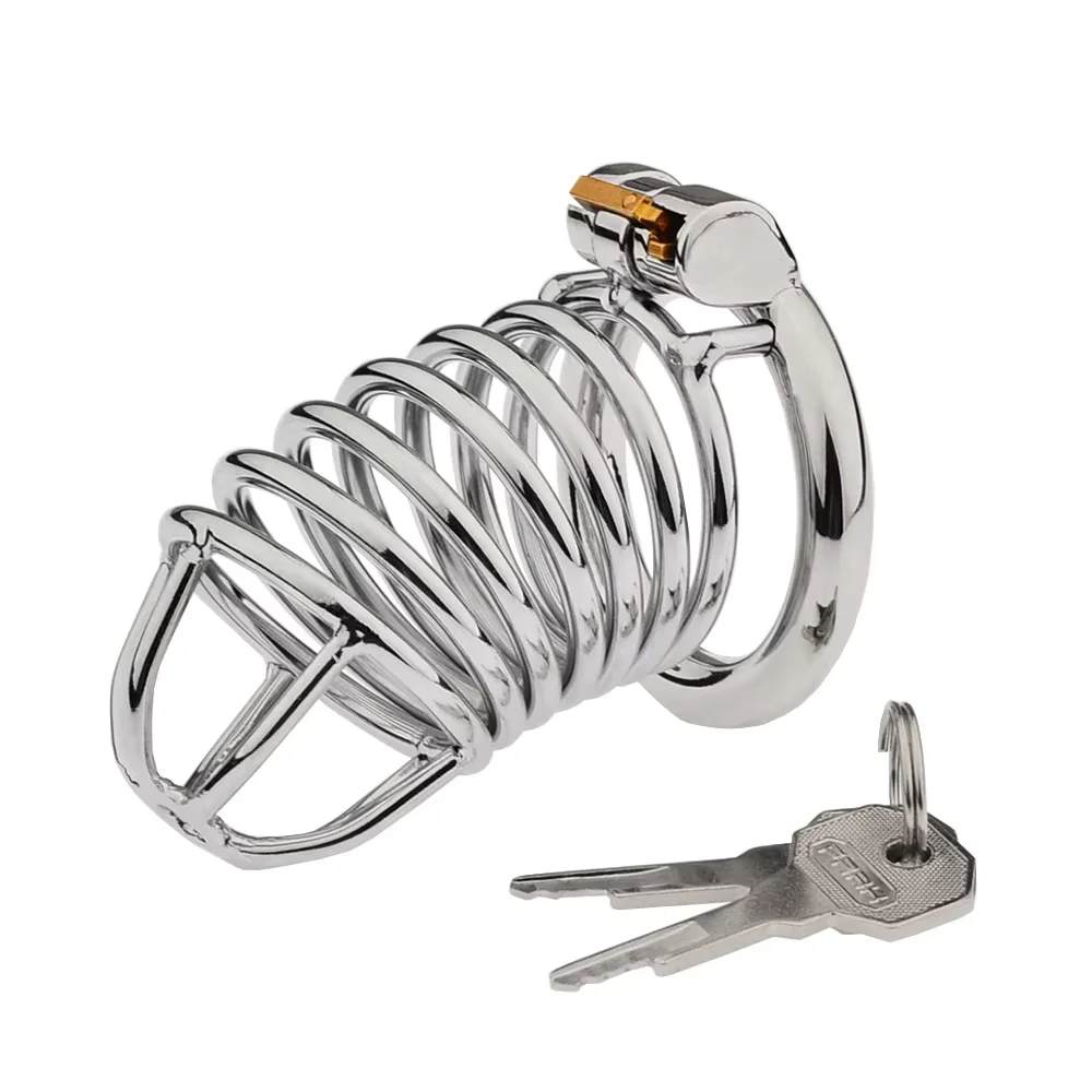 Jaula de castidad de acero inoxidable con cierre silencioso y 3 anillos de diferentes tamaños: juguete sexual para adultos, ideal para prácticas de bondage.