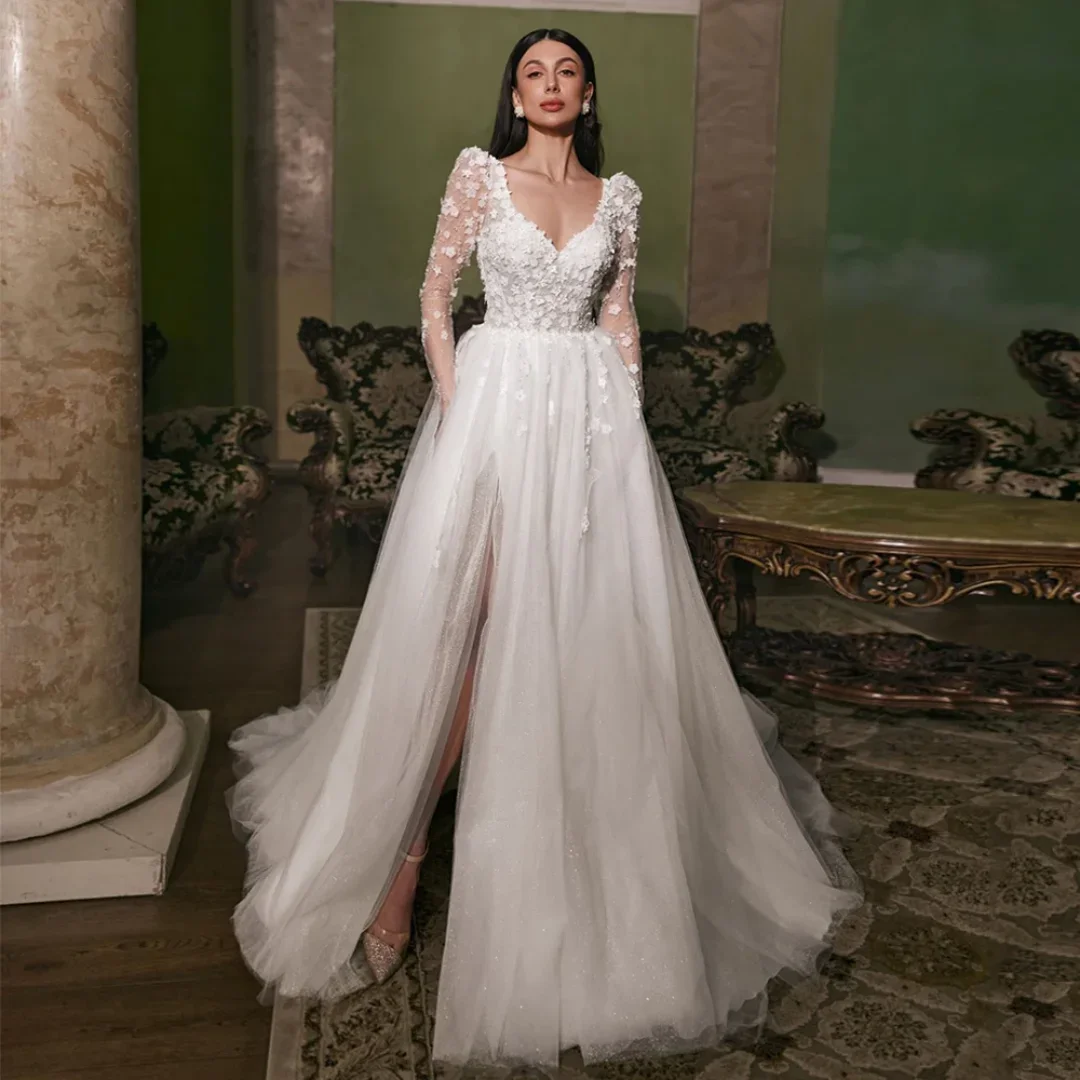 Maßgeschneiderte funkelnde elegante Hochzeits-Party-Kleider mit V-Ausschnitt, vollen Ärmeln, Blumenapplikation, A-Linie, Ballkleid, Braut, Vestidos de Novia