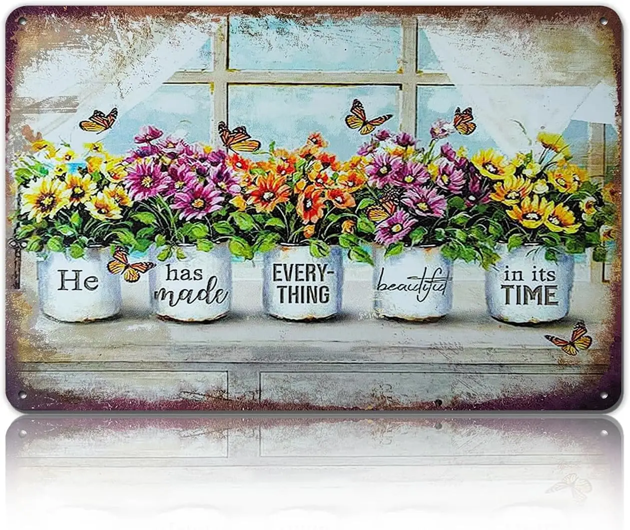 מתכת גן וינטג פח שלט פרחים ופרפרים סימן אלומיניום-הוא עשה הכל יפה בזמנו בגן הבית
