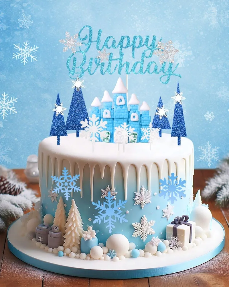14pcs Snowflake Cake Decorations Blue Castle Tree Cake Toppers Snowflakes Winter Birthday Party Supplies view 4