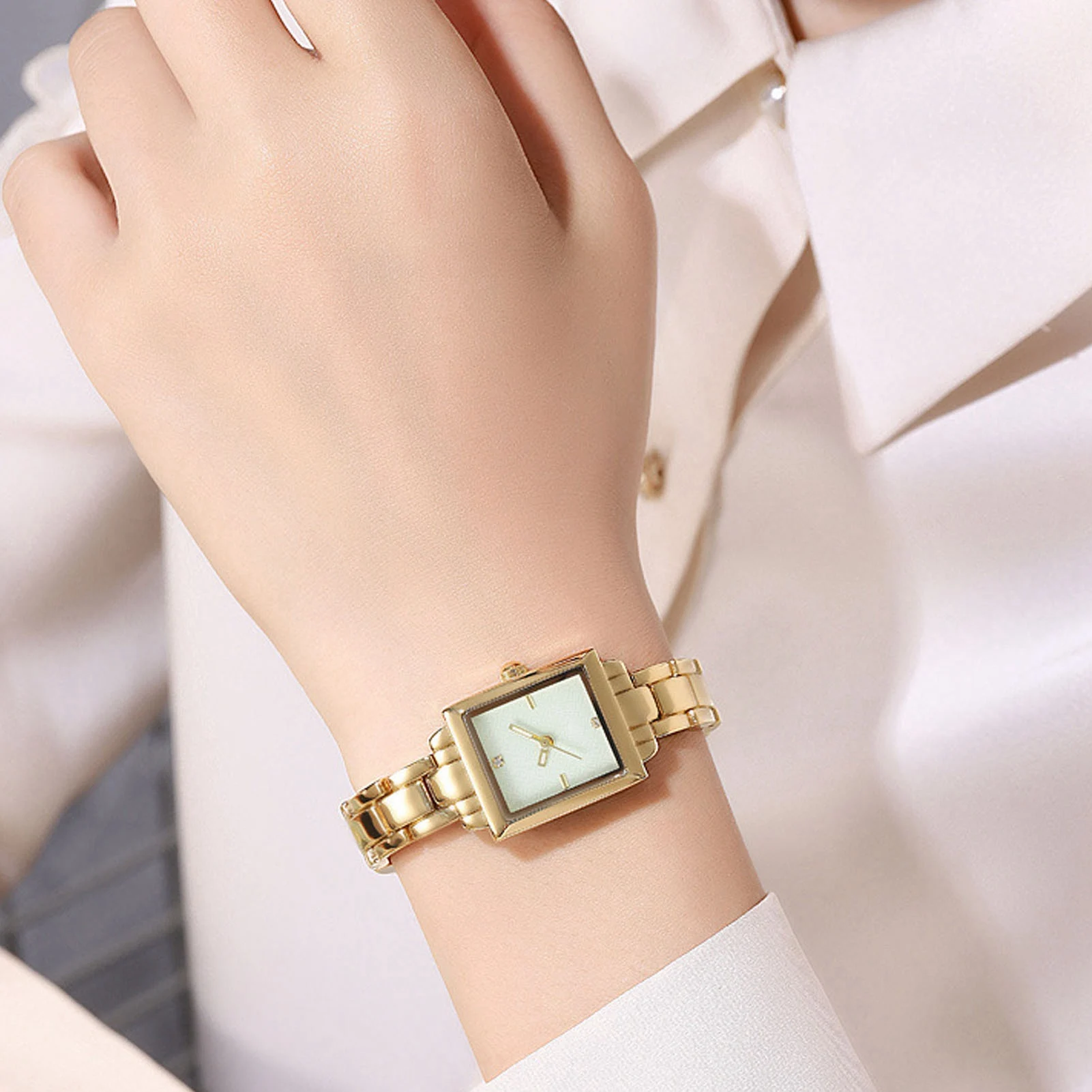 Women Stainless Steel Wristwatch Stylish Rhinestone Rectangular Quartz Stainless Steel Watch Water Proof 30m for Daily Use