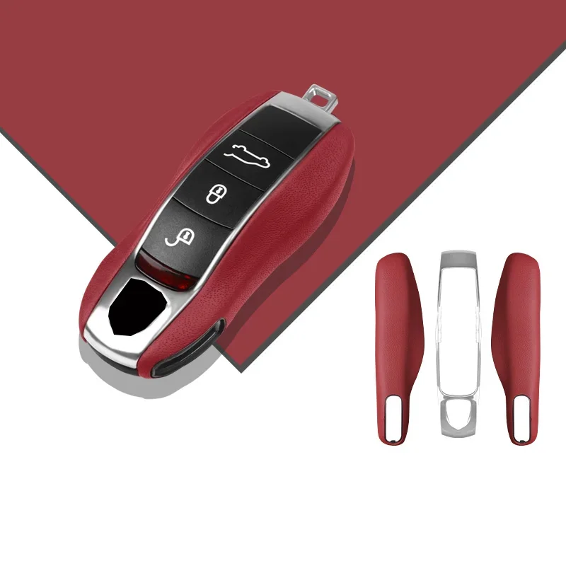 Luxury Genuine Leather for Porsche Boxster Cayman Panamera Cayenne Macan 718/911 Taycan Car Key Case Cover Protective Keychain