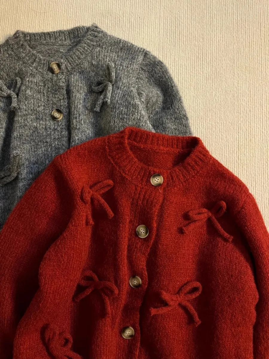 빨간 활 스웨터 여성 가을 ​​겨울 달콤한 트럼펫 슬리브 ​​니트 카디건 탑 한국 스타일 느슨한 라운드 넥 짧은 재킷