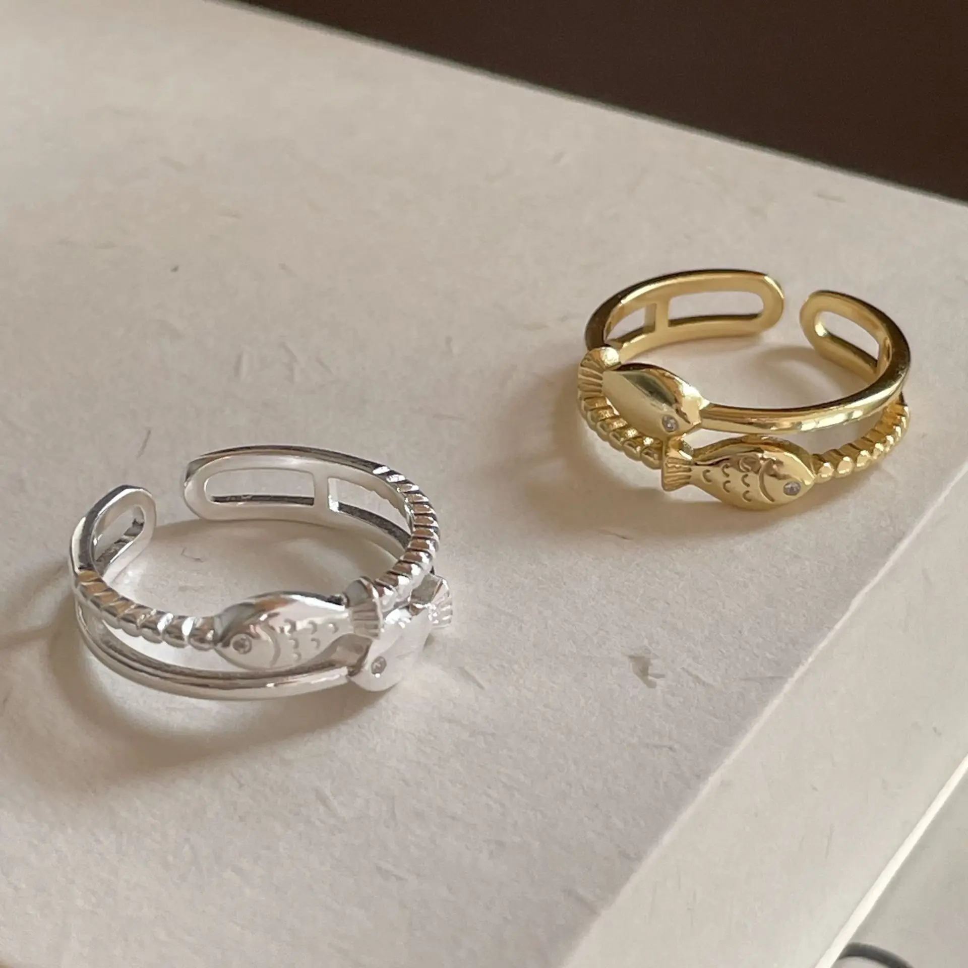 

PANJBJ 925 Sterling Silver Fish Ring for Women Double Layer Weave Texture Hollow Out Design Originality Jewelry Dropshipping