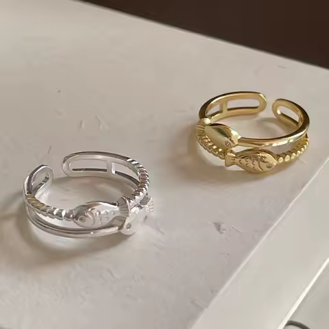 PANJBJ 925 Sterling Silver Fish Ring for Women Double Layer Weave Texture Hollow Out Design Originality Jewelry Dropshipping