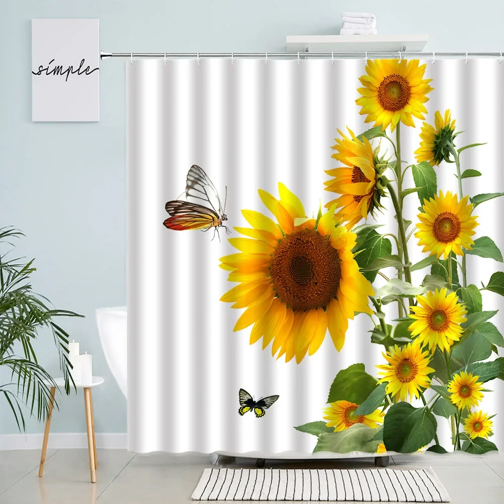 Spring Butterfly Sunflower Shower Curtain Natural Plant Print Bathroom Curtain Polyester Hook Home Decor cortina de la ducha