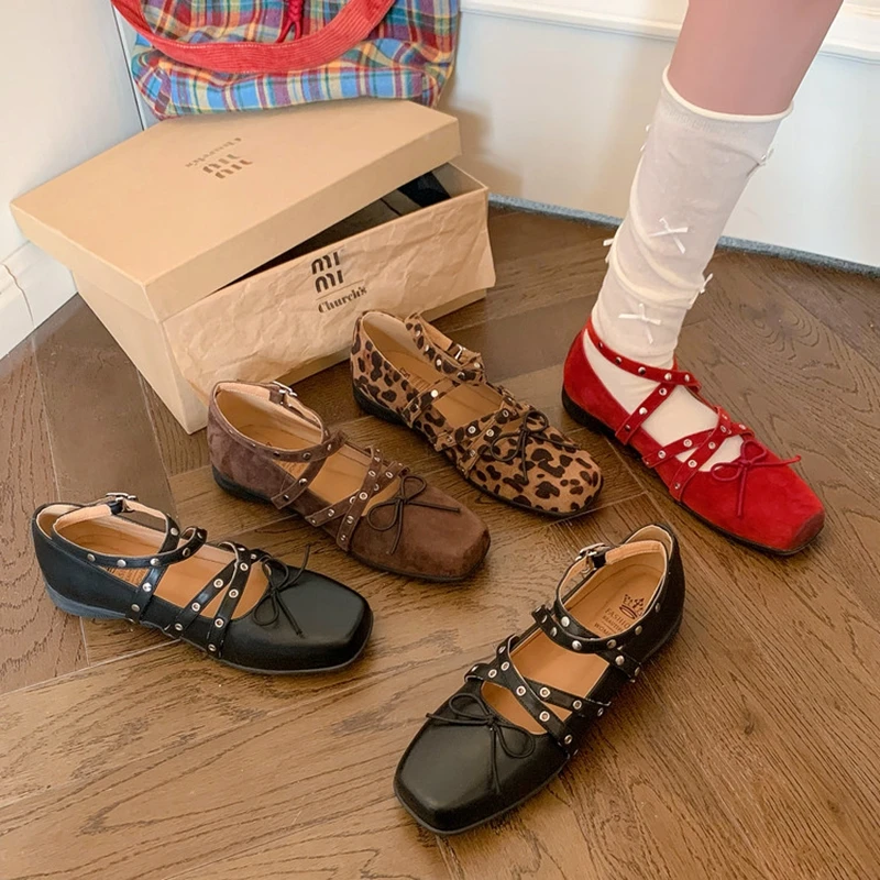 New women's genuine leather, cowhide, sheep suede, leopard print, elastic rivets, belt buckle, mid heeled Mary Jane shoes