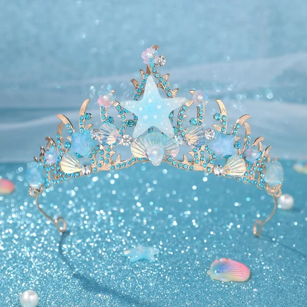 Sparkling Stars Crystal Shell Mermaid Sea Star Crown Tiara Headband Tiaras Handmade Rhinestone Hair Hoop view 2