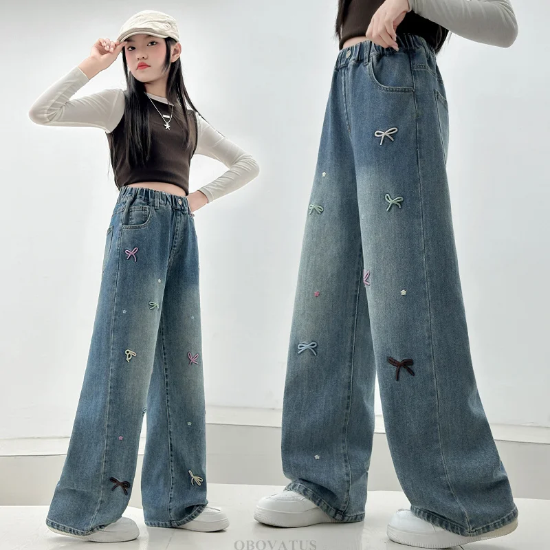 High Quality Children High Fashion Loose Straight Jeans with Bow Embroidery For Teens Girls Trend Blue Denim Pants Kids Trousers