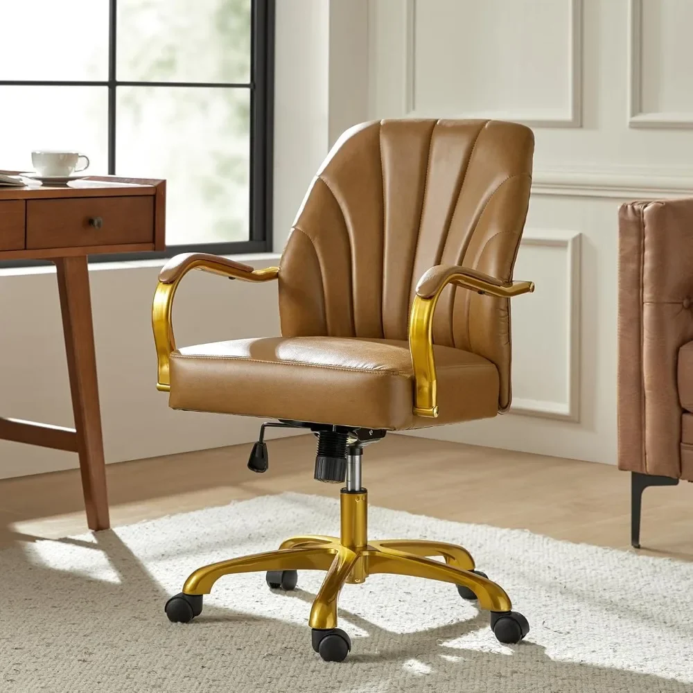 

Office Chair, Camel Leather, Gold Legs with Upholstered Seat and Armrests, Height Adjustable Task Chairs, Swivel Desk Chair