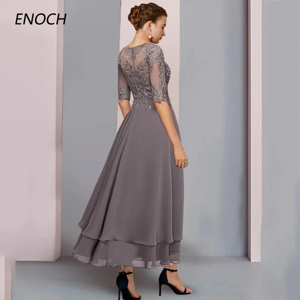 ENOCH Elegant A-Line Mother Of the Bride Dresses Half Sleeves Appliques Zipper Back Pleat Chiffon Wedding Party Gown Vestidos