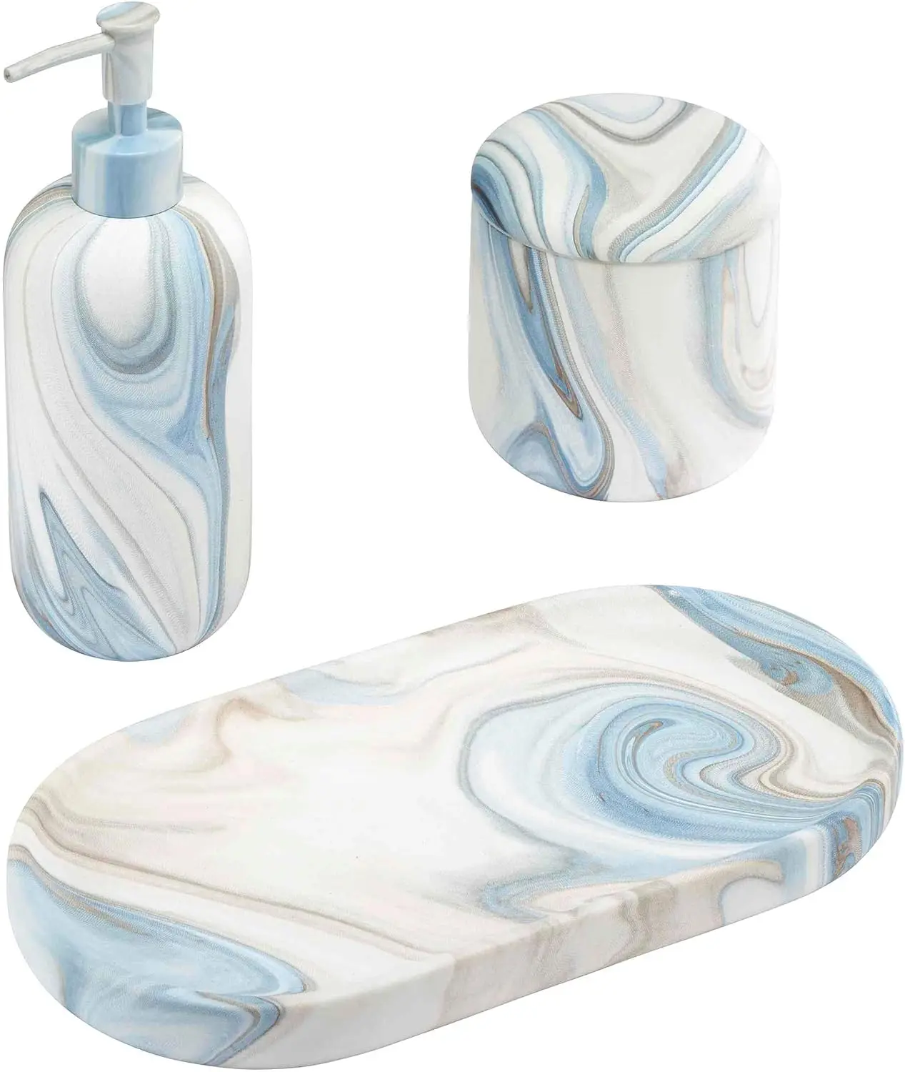

3-Piece Bathroom Set with Resin Lotion Pump, Covered Jar & Vanity Tray in Blue Waves Design