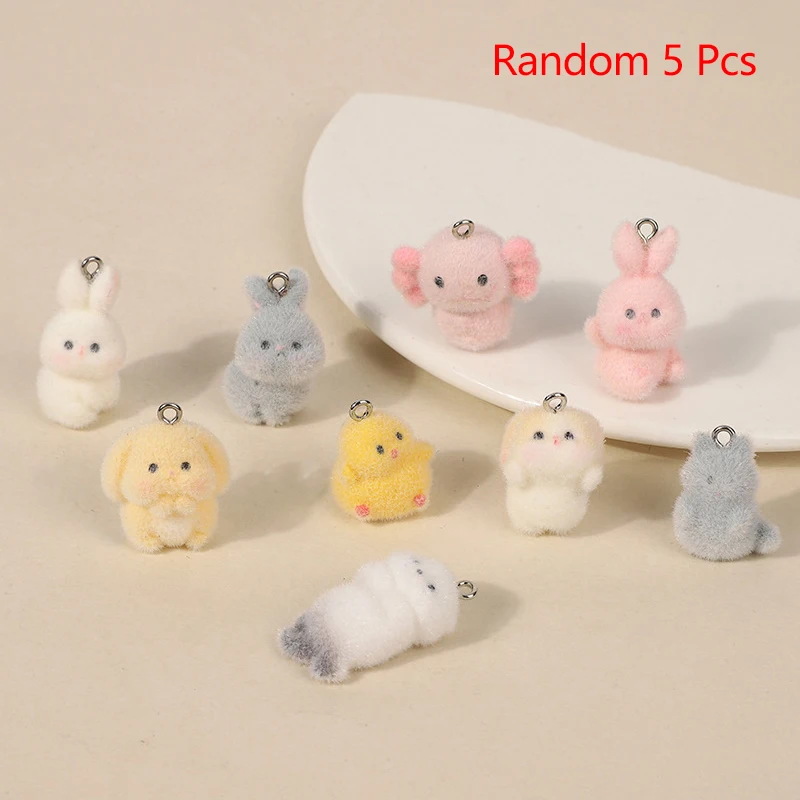 5Pc 3D Cute Flocking Sea Otter Yellow Chicken rabbit Charms Cartoon Animal Pendant DIY Keychain Earring Jewelry Accessories Gift