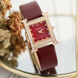 Fashion Guou Higth Quality Luxury Women's Genuine Leather Ladies Watch Rhinestone Square Watch Girls Female Quartz Wristwatches