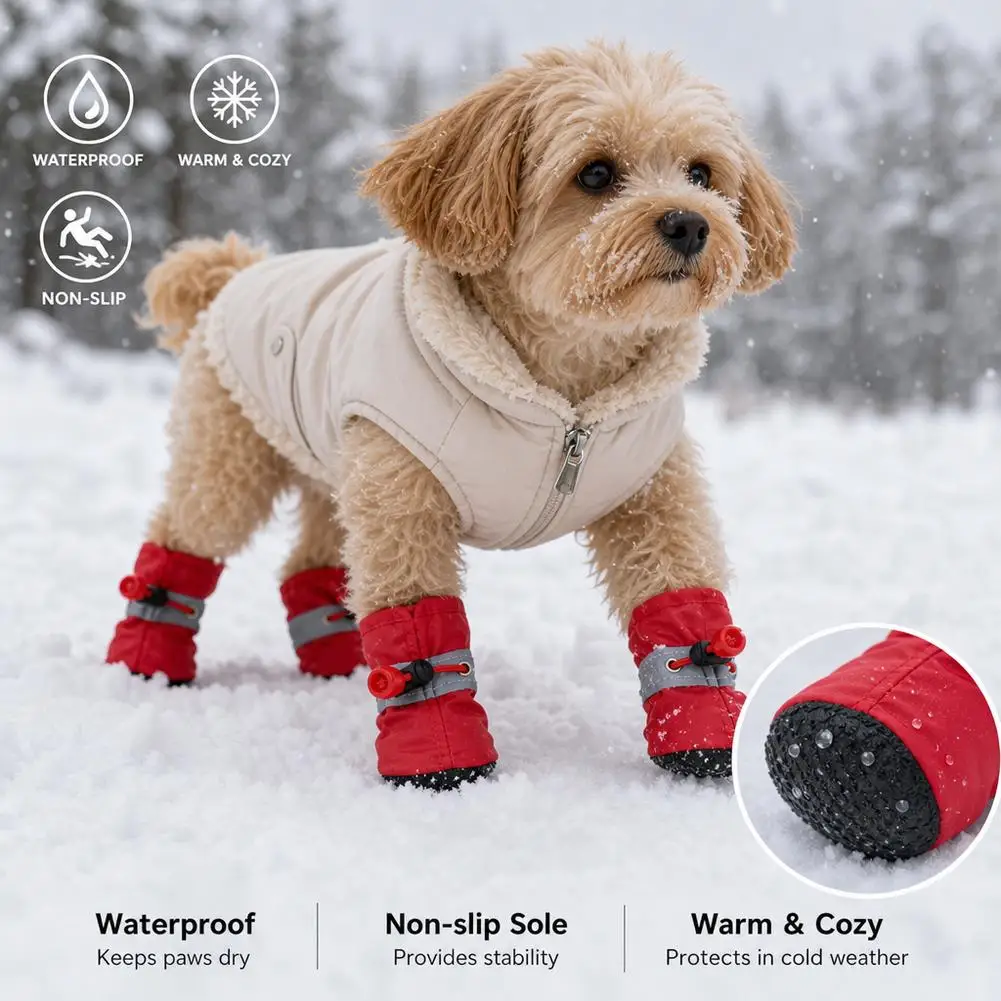 Winter Dog Boots Warm Oxford Fabric Shoes for Small Dogs Anti Slip Reflective Paw Protection with Adjustable Drawstring