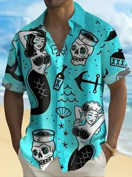 Mermaid Retro Printed Shirts Men's European And American Pattern Shirts Summer Casual Short Sleeved Shirt Hawaiian Button Shirts