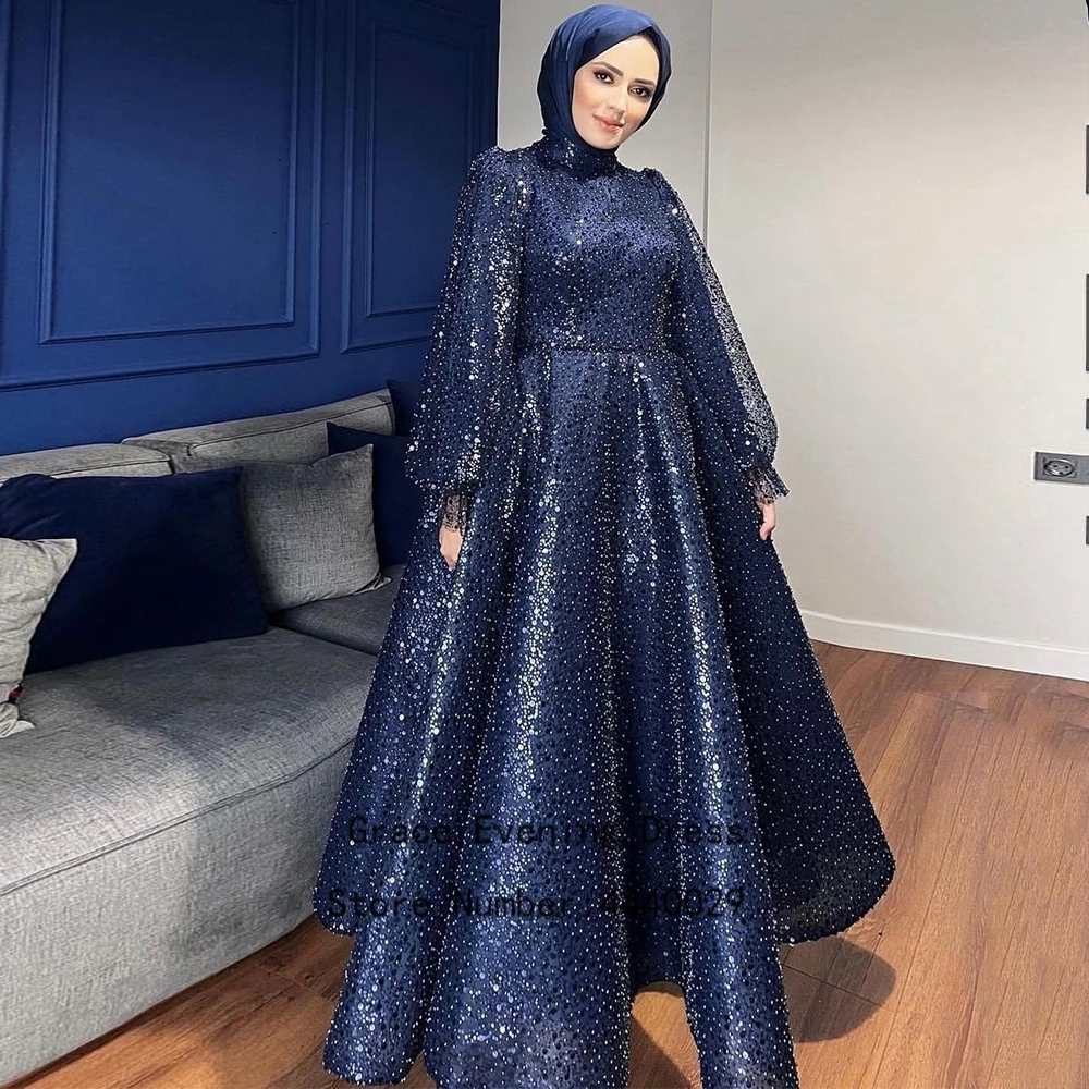 Customized Luxury Muslin Evening Dresses for Women Summer Full Sleeve Moroccan Caftan Sequined Prom Gowns فساتين حفلات New 2025