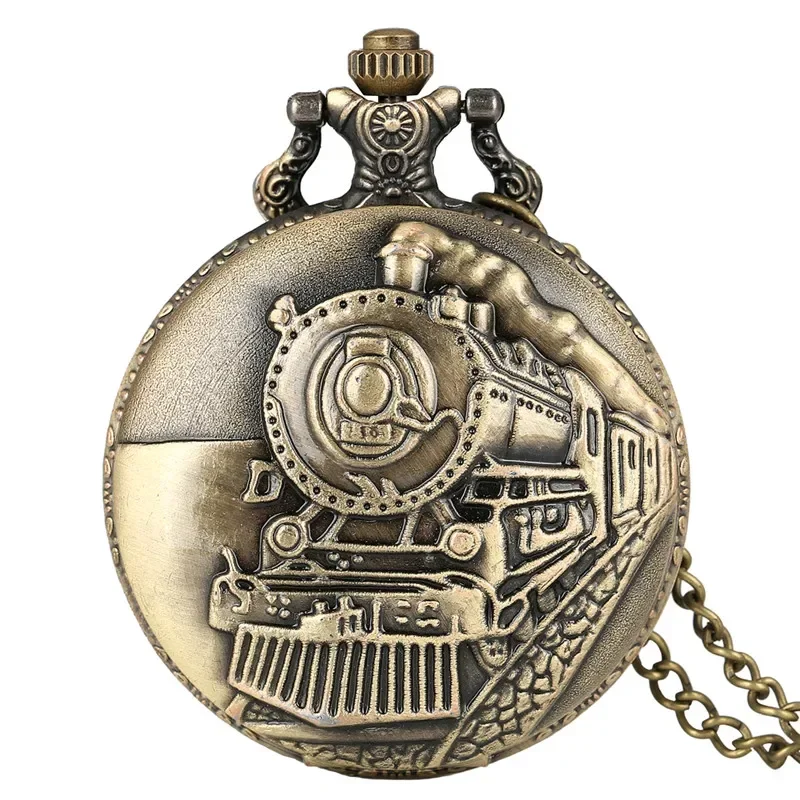 Bronze Carved Locomotive Engine Train Men Women Quartz Pocket Watch Necklace Chain Pendant Clock Arabic Number Display Hours