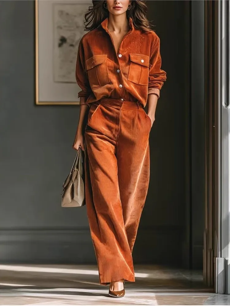 Simple Solid Color Casual Two-piece Set Women's Spring Retro Fashion Corduroy Long-sleeved Shirt Wide-leg Pants Commuting Sets