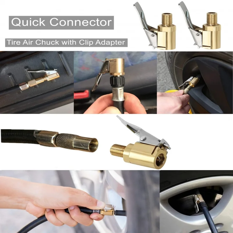 Adattatore Universale in Ottone con Clip di Bloccaggio per Gonfiaggio Rapido di Pneumatici, Grado Automobilistico, per Auto, Moto e Bici