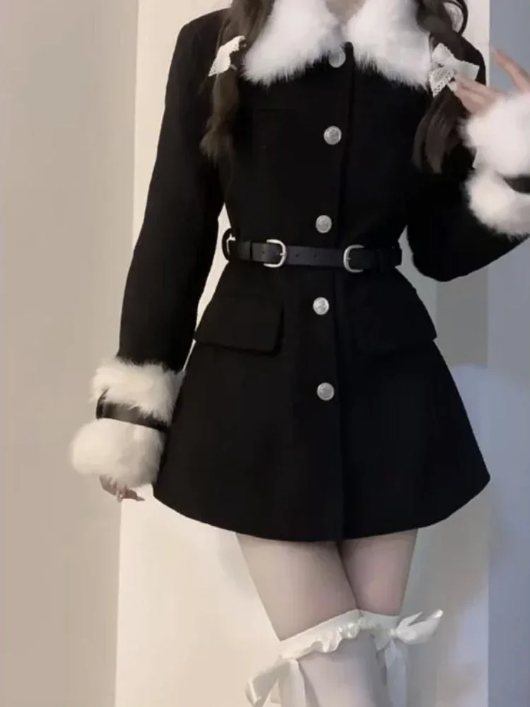 2023 Winter Black Elegant Coats Women Casual Sweet Warm Long Sleeve Fur Collar Dress Coat Korean Fashion jacket Outwear Chic New