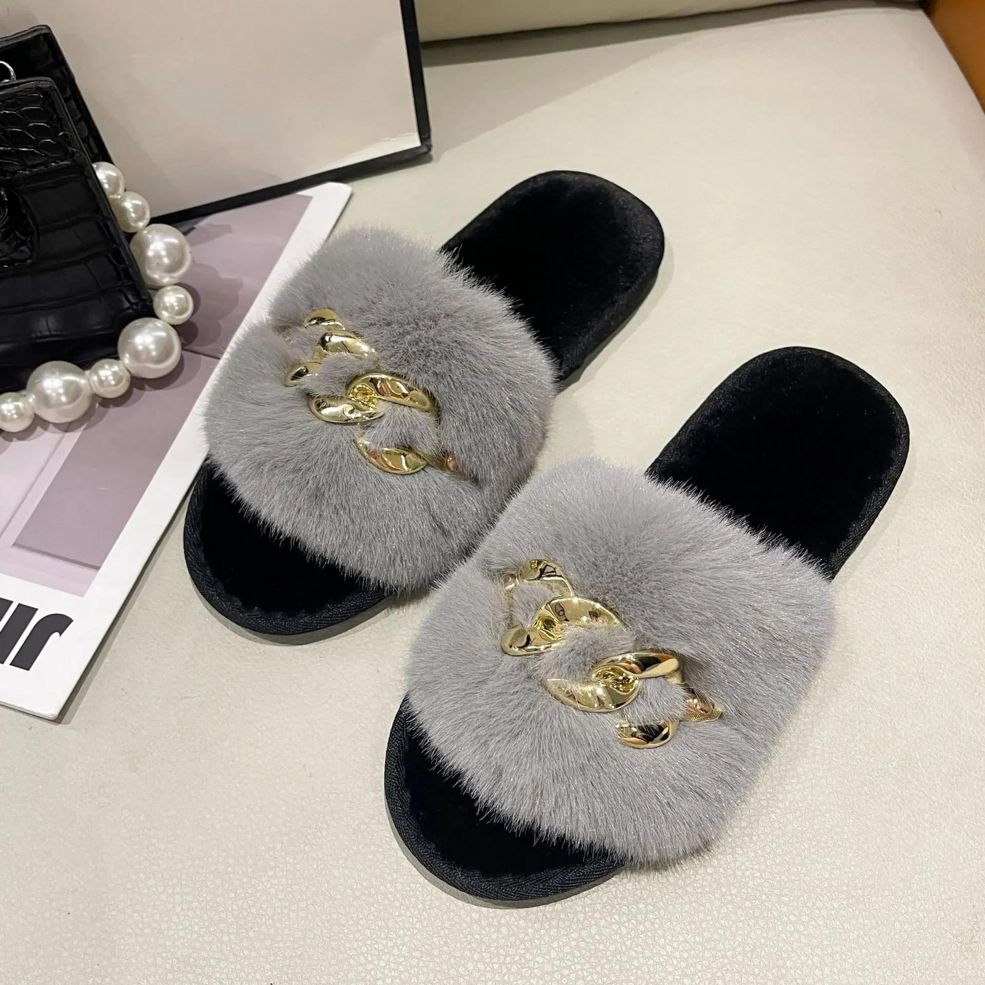 Fashion Chain Design Women Home Slippers Solid Color Open Toe Indoor  Winter Flat Non-slip Leisure Interior Female Shoes 2024